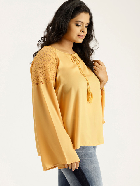 

Sztori Plus Size Women Mustard Yellow Solid A-Line Top with Lace Detail