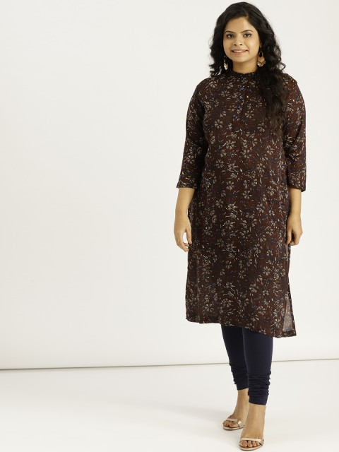 

Sztori Plus Size Women Coffee Brown Charcoal Grey Floral Printed Straight Kurta