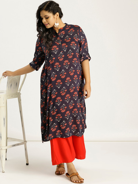 

Sztori Plus Size Women Navy Blue Red Floral Printed Straight Kurta