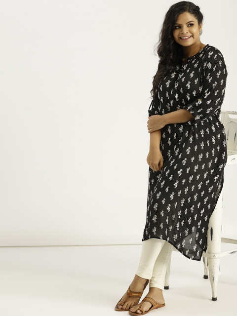 

Sztori Plus Size Women Black White Printed Straight Kurta