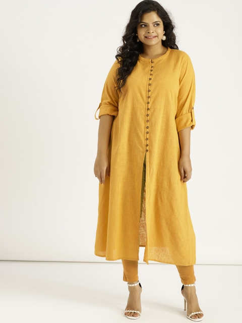 

Sztori Plus Size Women Mustard Yellow Solid A-Line Kurta