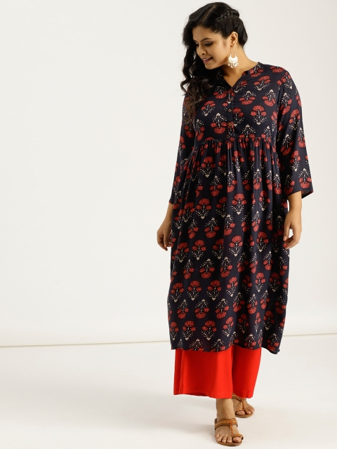 

Sztori Plus Size Women Navy Blue Red Printed Straight Kurta