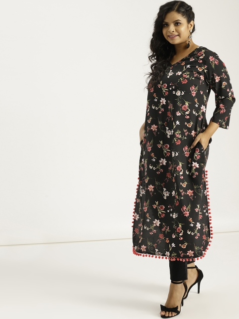 

Sztori Plus Size Women Black Red Floral Print Straight Kurta