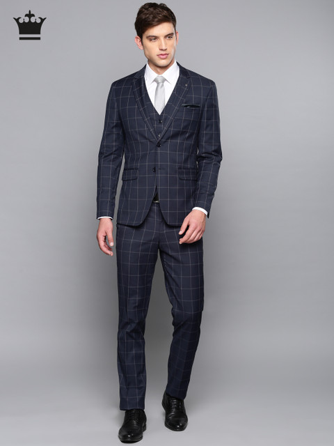 

Louis Philippe Men Navy Checked Formal Slim Fit Single-Breasted Suit, Navy blue