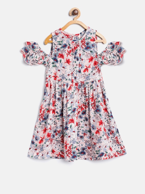 

Lee Cooper Girls Peach-Coloured & Red Floral Print Fit & Flare Dress