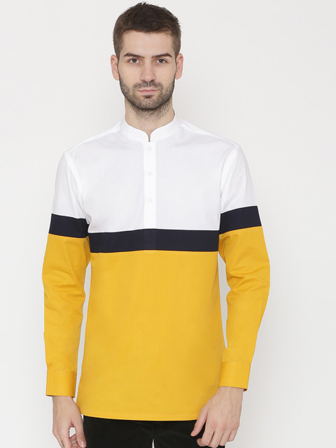 

Dazzio Men White & Mustard Colourblocked Straight Kurta