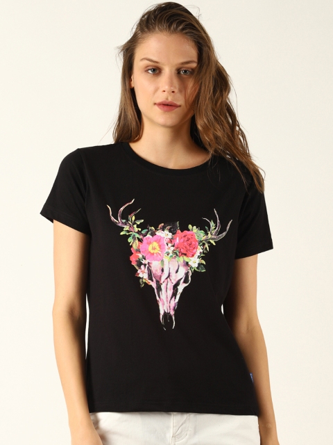 

Blue Saint Women Black Printed Round Neck T-shirt