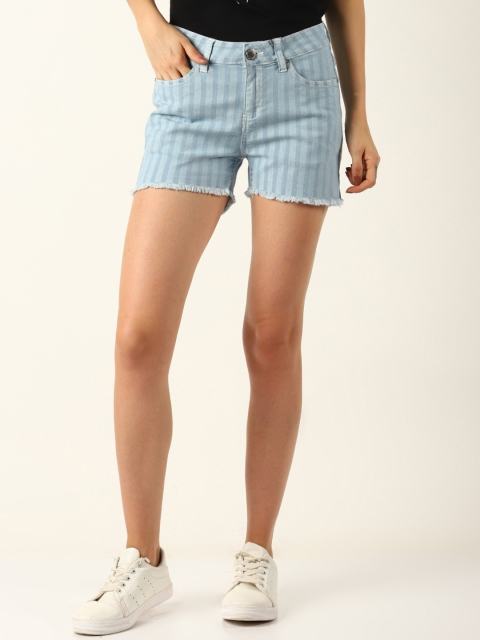 

Blue Saint Women Blue Striped Slim Fit Denim Shorts