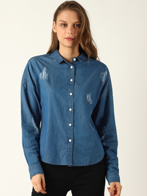 

Blue Saint Women Blue Solid Casual Mildly Distressed Denim Shirt