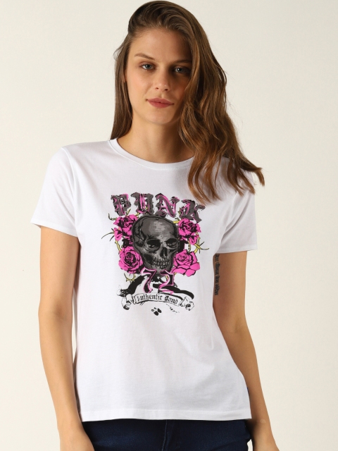 

Blue Saint Women White Printed Round Neck T-shirt