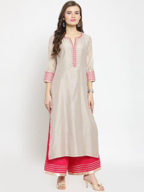 

Varanga Women Beige & Pink Embroidered Kurti with Palazzos