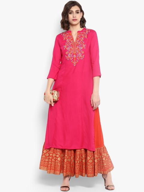 

Varanga Women Pink & Orange Embroidered Kurti with Palazzos