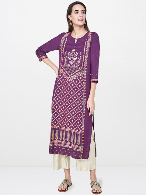 

Global Desi Women Purple Printed A-Line Kurta