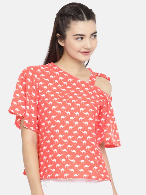 

Global Desi Women Coral Orange Printed Top