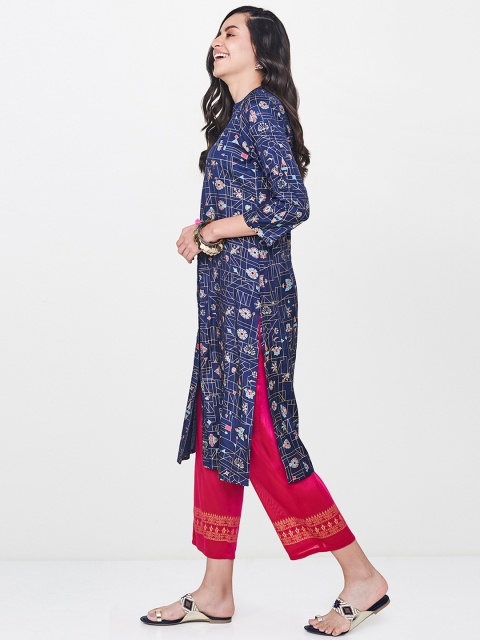 

Global Desi Women Navy Blue Printed Straight Kurta