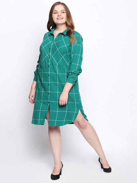 

JUNAROSE Plus Size Women Green Checked Shirt Dress