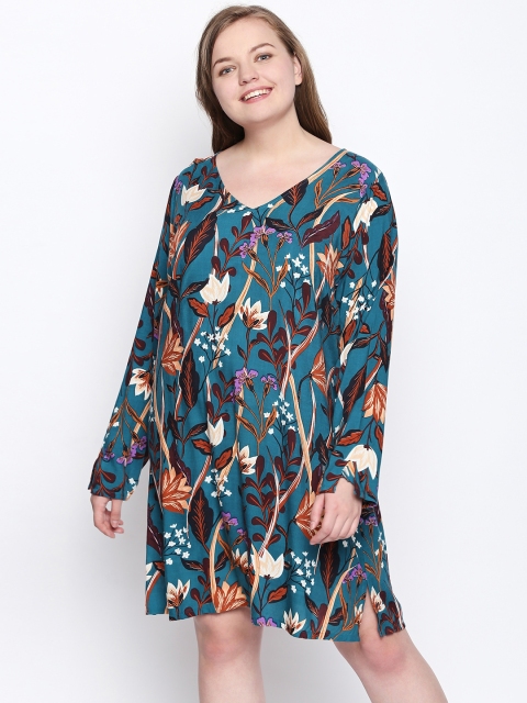 

JUNAROSE Plus Size Women Teal Printed A-Line Dress