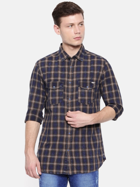 

Jack & Jones Men Navy Blue & Brown Slim Fit Checked Casual Shirt