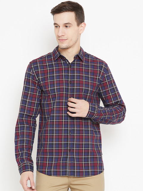 

Jack & Jones Men Navy Blue & Maroon Slim Fit Checked Casual Shirt