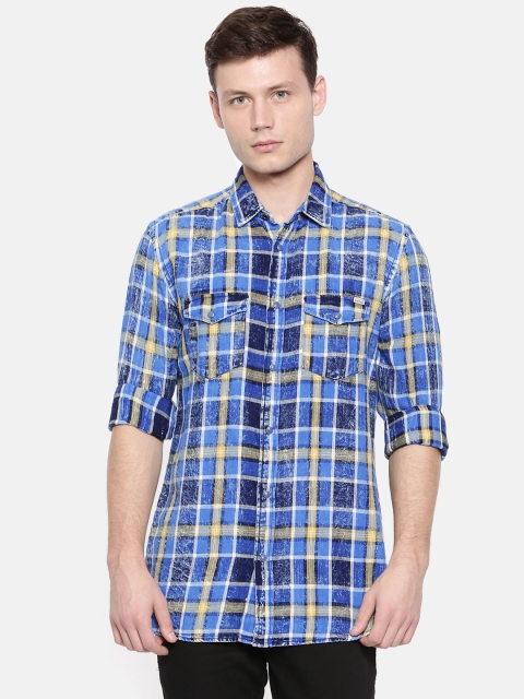 

Jack & Jones Men Blue & Yellow Slim Fit Checked Casual Shirt