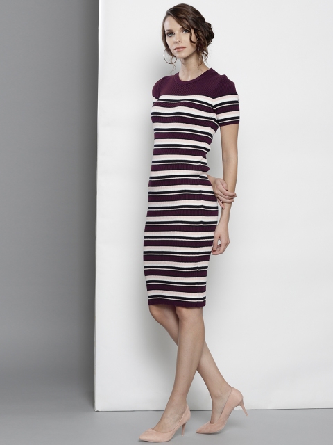 

DOROTHY PERKINS Women White & Burgundy Striped Bodycon Dress