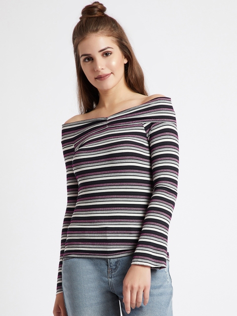 

COVER STORY Women Blue Striped Bardot Top