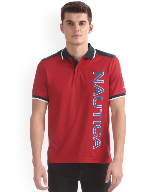 

Nautica Men Red Self Design Polo Collar T-shirt