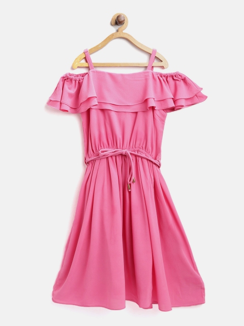 

Peppermint Girls Pink Solid Fit and Flare Dress with Belt
