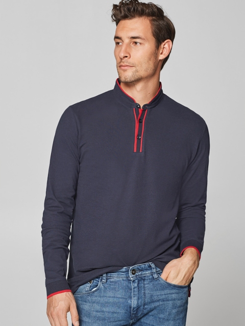 

ESPRIT Men Navy Blue Solid Mandarin Collar T-shirt