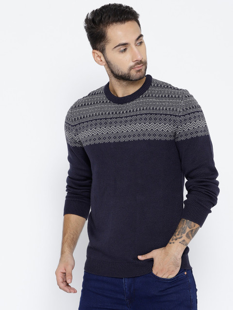

ESPRIT Men Navy Blue & Grey Fair Isle Pullover