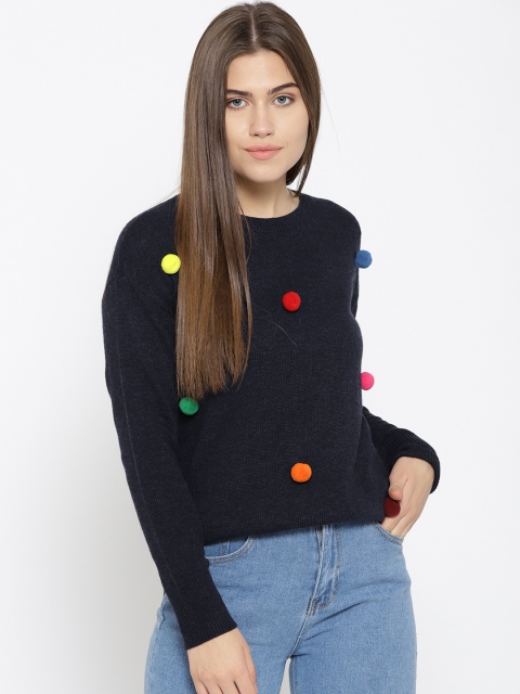 

ESPRIT Women Navy Solid Pom-Pom Detail Pullover, Navy blue