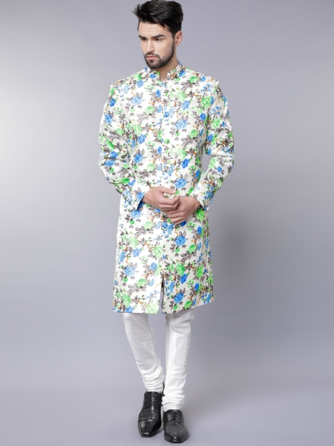 

Svanik Green Printed Slim Fit Sherwani, Off white