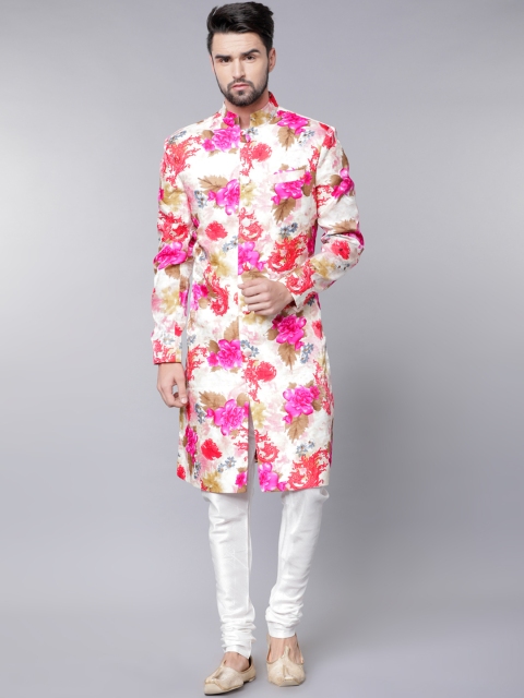 

Svanik Men Off-White & Pink Printed Sherwani