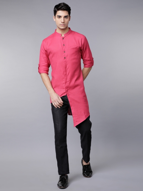 

Svanik Men Pink Solid Asymmetric Hem Straight Kurta