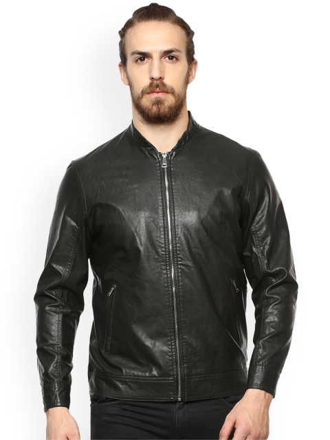 

Mufti Men Olive Green Solid Biker Jacket