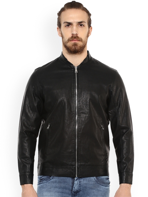 

Mufti Men Black Solid Biker Jacket
