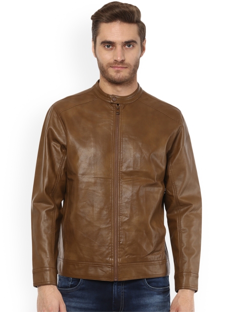 

Mufti Men Tan Solid Biker Jacket
