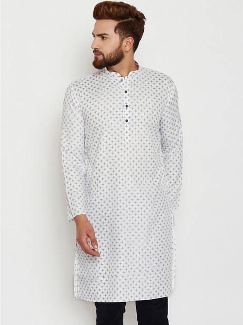 

SOJANYA Men White & Navy Blue Printed Straight Kurta