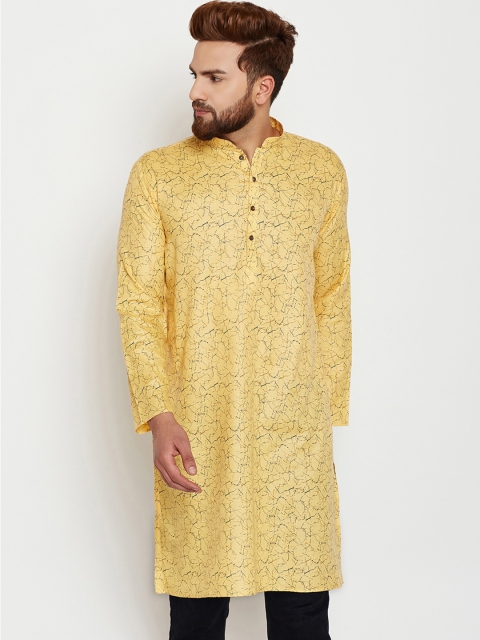 

SOJANYA Men Yellow & Navy Blue Printed Straight Kurta