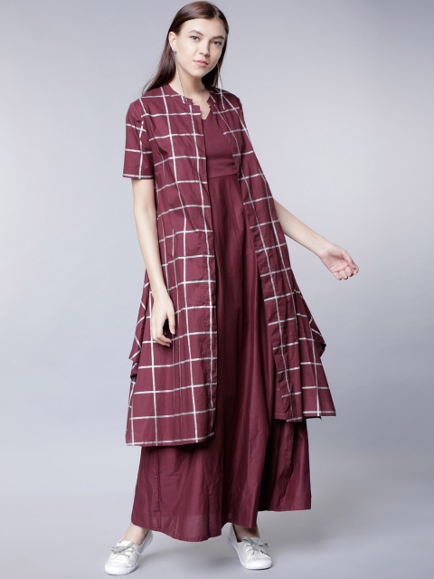 

Vishudh Women Burgundy Checked Maxi Layered Dress with Checked Shrug