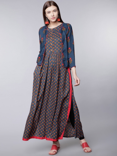 

Vishudh Women Teal Blue & Red Printed A-Line Kurta with Jacket