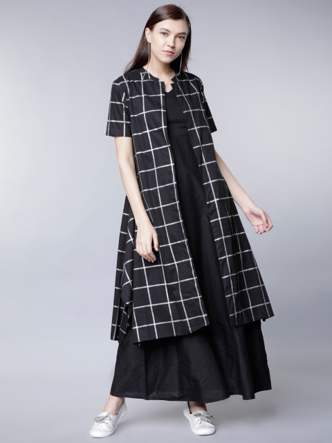 

Vishudh Women Black Checked Layered Maxi Dress with Checked Shrug