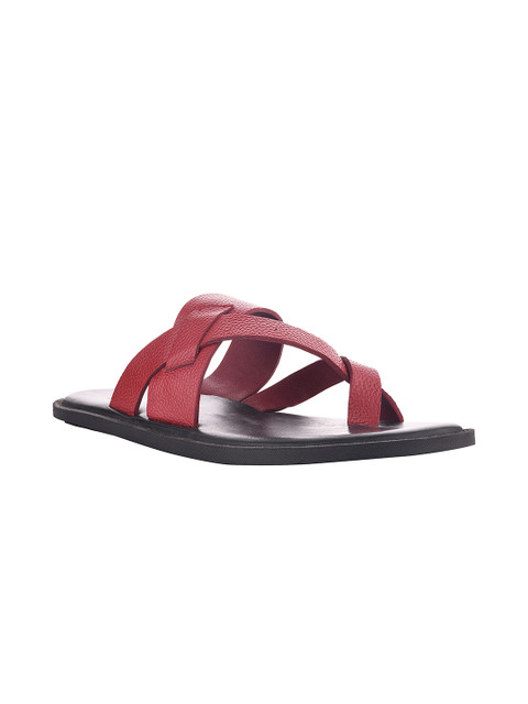 

SKO Men Red & Black Leather Comfort Sandals