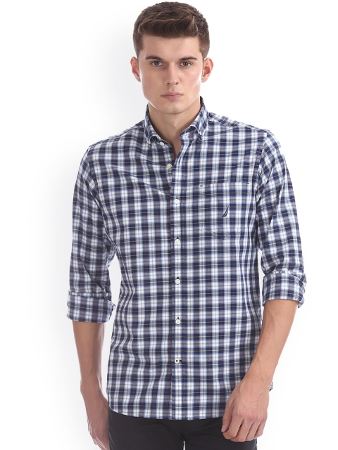 

Nautica Men Blue & White Regular Fit Checked Casual Shirt