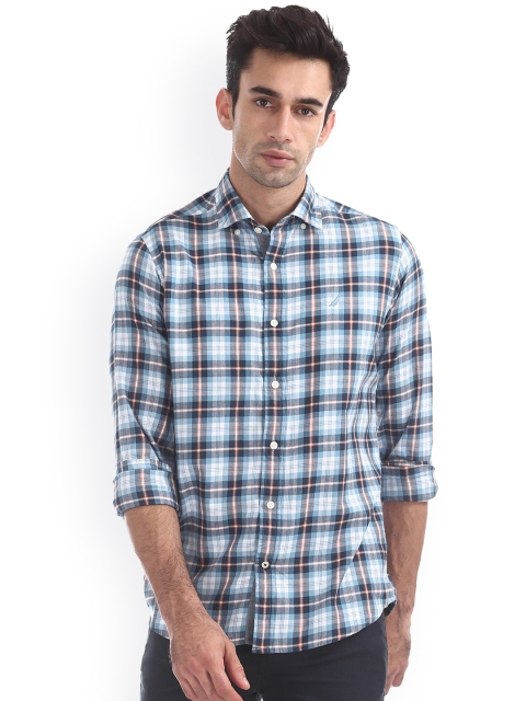 

Nautica Men Blue & White Regular Fit Checked Casual Shirt