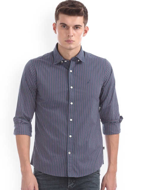 

Nautica Men Blue Regular Fit Striped Casual Shirt