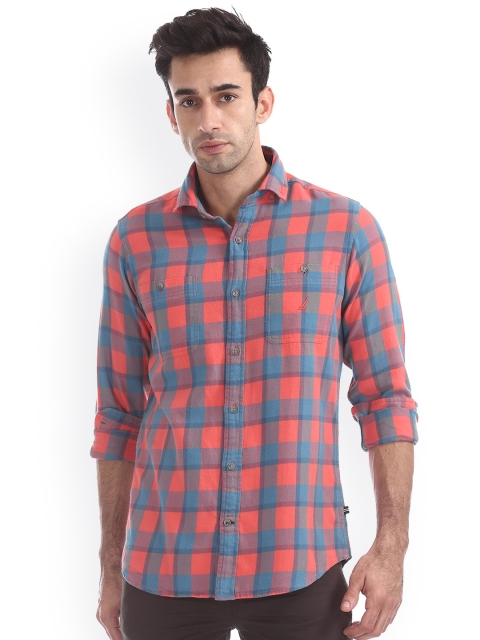 

Nautica Men Red & Blue Regular Fit Checked Casual Shirt