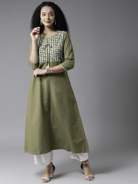

HERE&NOW Women Olive Green Yoke Design A-Line Kurta
