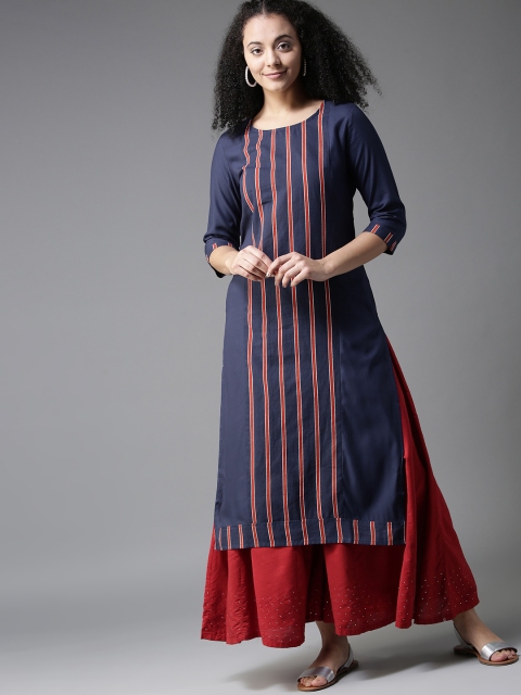 

HERE&NOW Women Navy Blue & Red Striped Straight Kurta