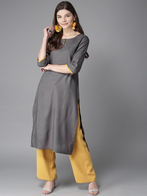 

HERE&NOW Women Grey Solid Straight Kurta